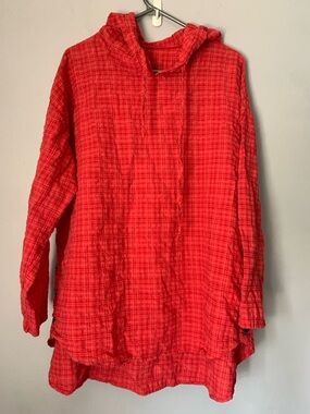 Womens Red Crinkle Gauze Hoodie Top 3XL Lightweight Long Sleeve Tunic